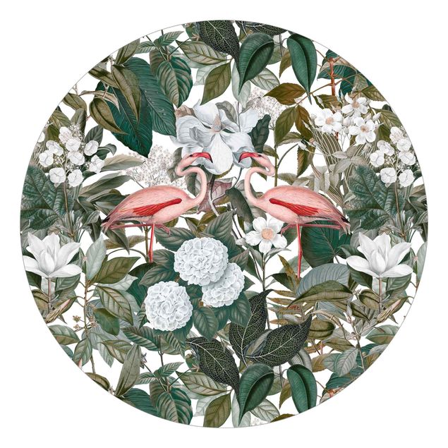 Papel de parede padrões Pink Flamingos With Leaves And White Flowers