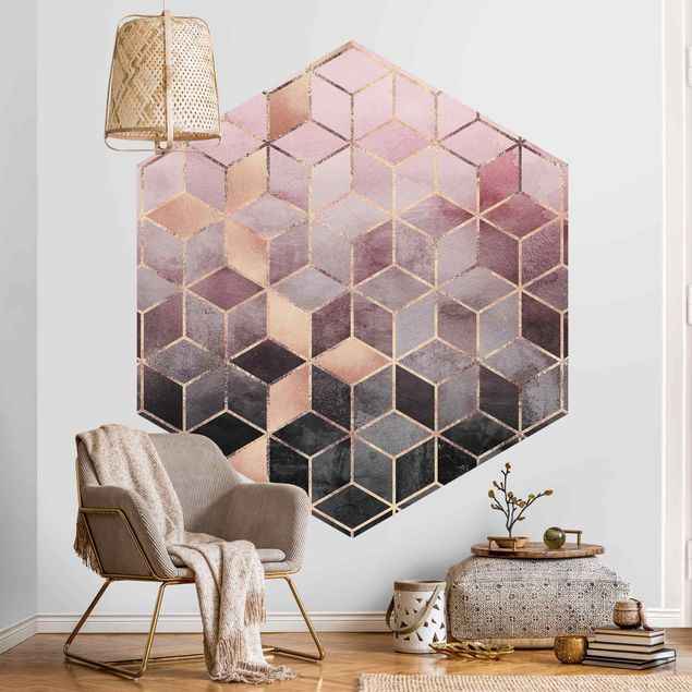 papel de paredes 3d Pink Gray Golden Geometry