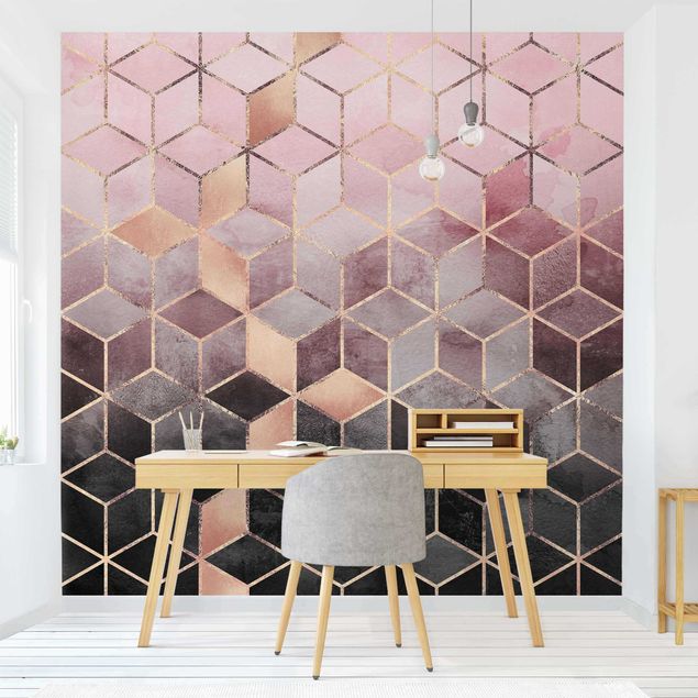 papel de parede para quarto de casal 3d Pink Grey Golden Geometry