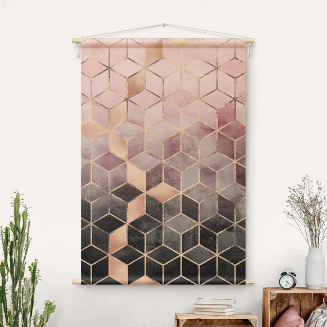 Tapeçaria de parede moderna Pink Gray Golden Geometry