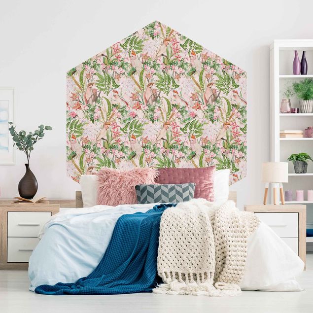 papel de parede para quarto de casal moderno Pink Cockatoos With Flowers