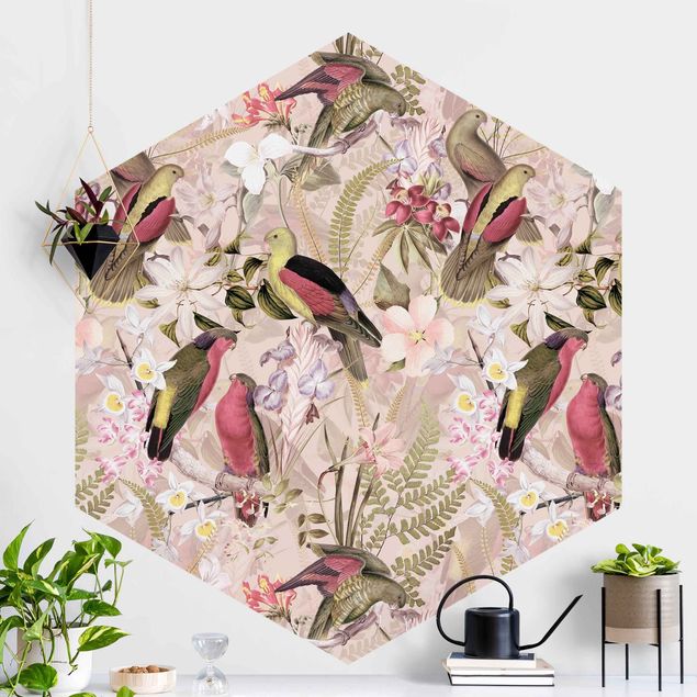 decoraçao para parede de cozinha Pink Pastel Birds With Flowers