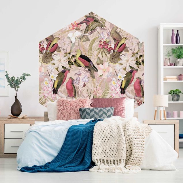 papel de parede para quarto de casal moderno Pink Pastel Birds With Flowers