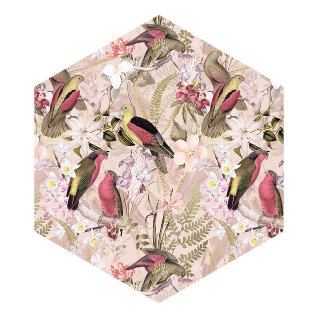 papel parede rosa Pink Pastel Birds With Flowers