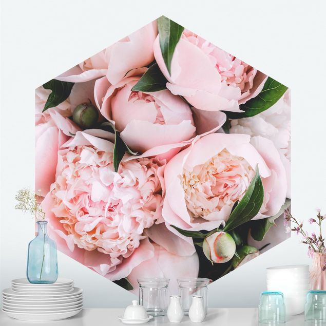 Papel de parede rosas Pink Peonies With Leaves