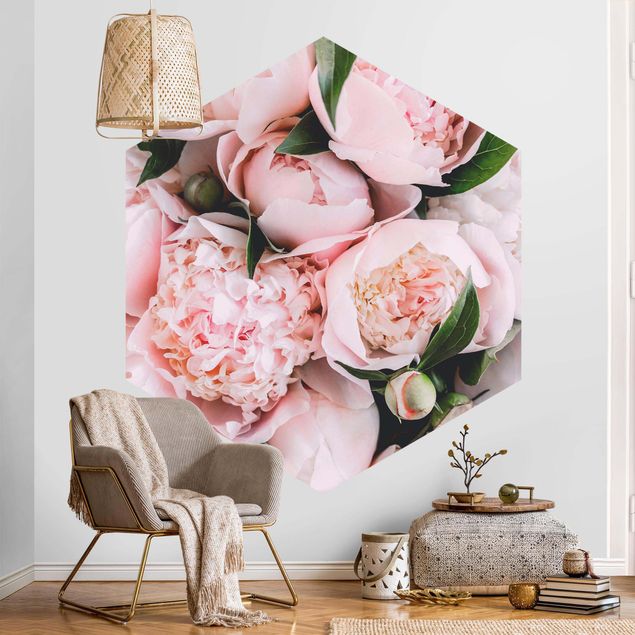papel de parede moderno Pink Peonies With Leaves
