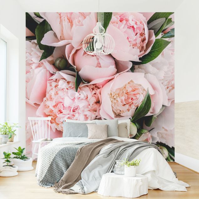 papel parede rosas Pink Peonies With Leaves