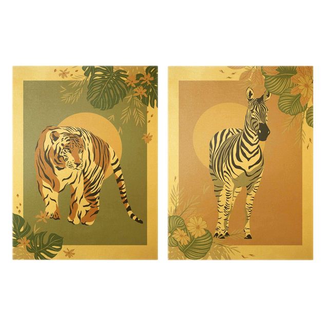 Telas decorativas pôr-do-sol Safari Animals - Sun Behind Zebra And Tiger
