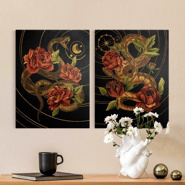 Telas decorativas rosas Snake With Roses Black And Gold Duo
