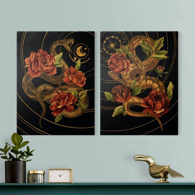 quadros de flores Snake With Roses Black And Gold Duo