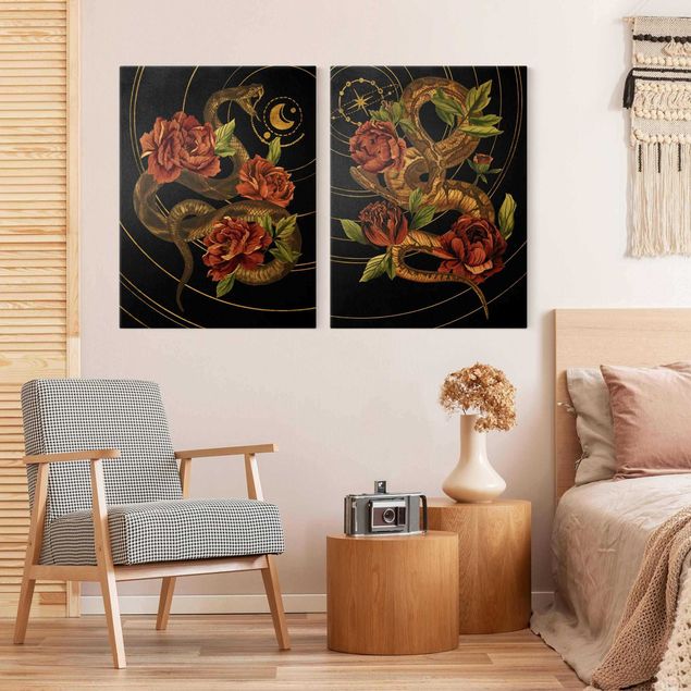 Quadros florais Snake With Roses Black And Gold Duo