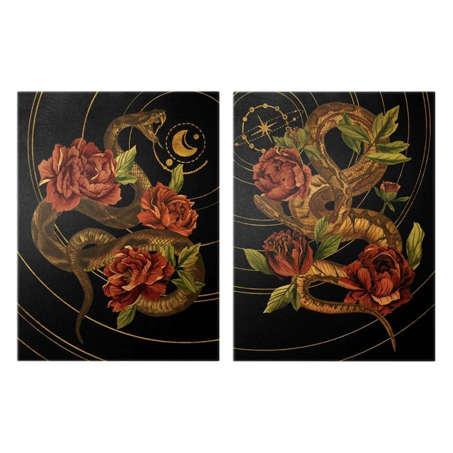 Quadros pretos Snake With Roses Black And Gold Duo