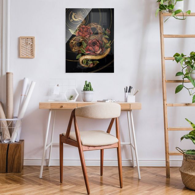 Quadros florais Snake With Roses Black And Gold I