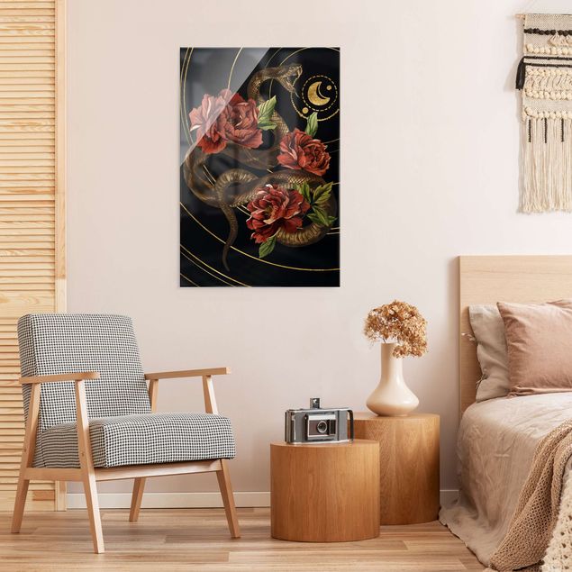 quadros flores Snake With Roses Black And Gold II