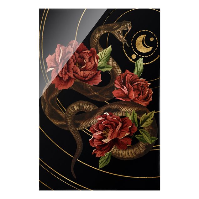 Quadros pretos Snake With Roses Black And Gold II