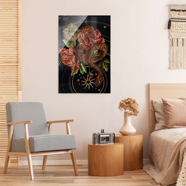 Quadros florais Snake With Roses Black And Gold III