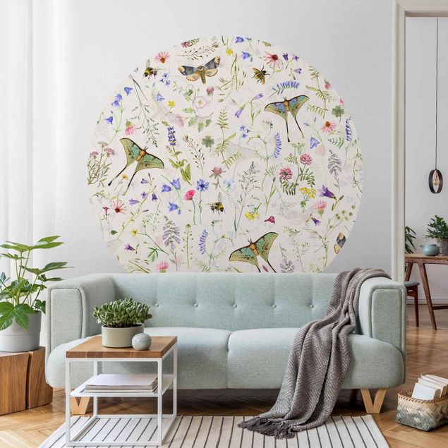 papel de parede moderno Butterflies With Flowers On Cream Colour