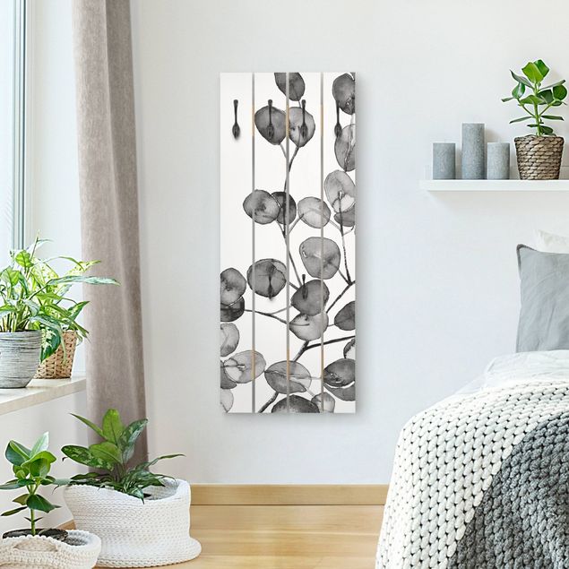 Cabides de parede em preto e branco Black And White Eucalyptus Twig Watercolour