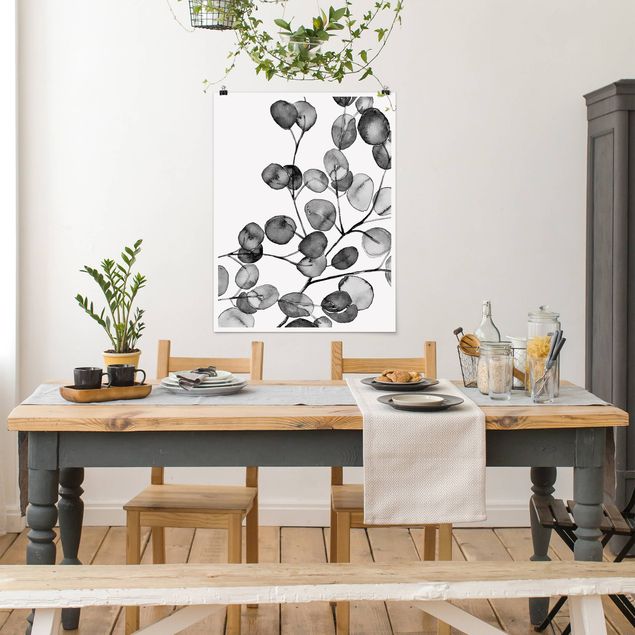 Posters em preto e branco Black And White Eucalyptus Twig Watercolour