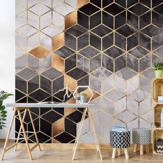 Papel de parede padrões Black And White Golden Geometry