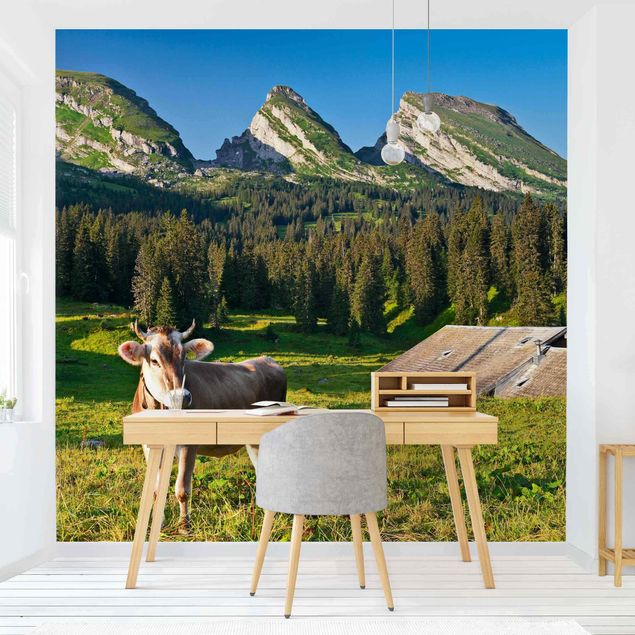 papel de parede moderno para sala Swiss Alpine Meadow With Cow