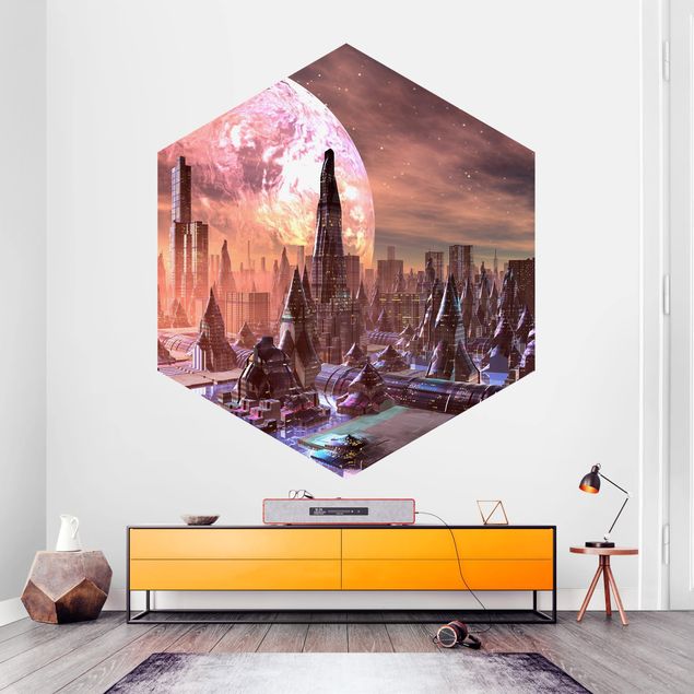 Papel de parede hexagonal Sci-Fi City With Planets