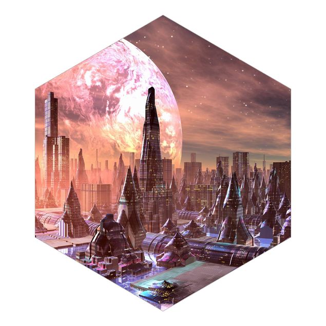 Papel de parede hexagonal Sci-Fi City With Planets