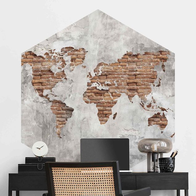 papel parede tijolinho Shabby Concrete Brick World Map