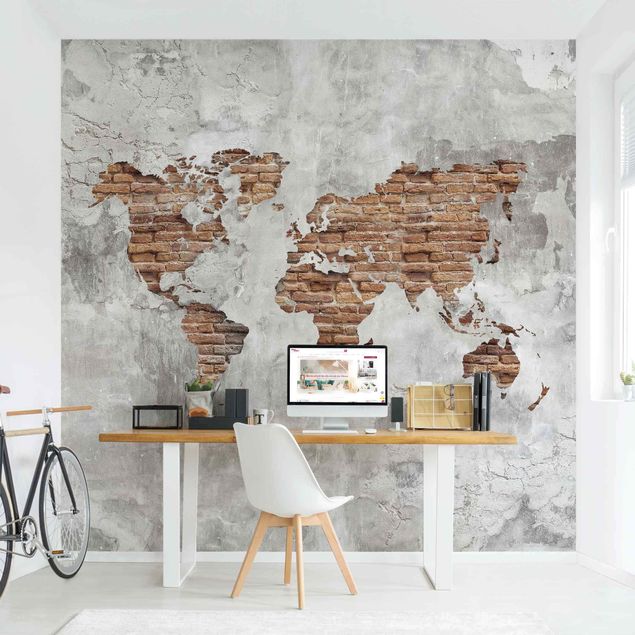 Papel de parede tijolo Shabby Concrete Brick World Map