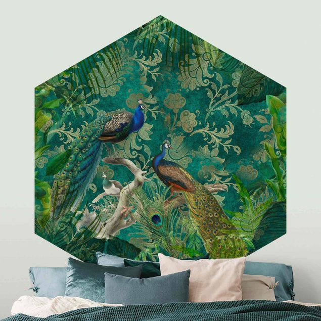Papel de parede com pássaros Shabby Chic Collage - Noble Peacock II