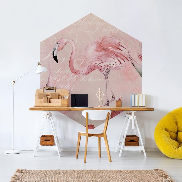 Papel de parede pássaros Shabby Chic Collage - Flamingo