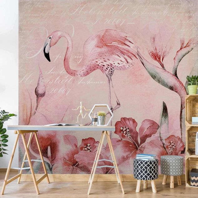 Papel de parede flamingo Shabby Chic Collage - Flamingo