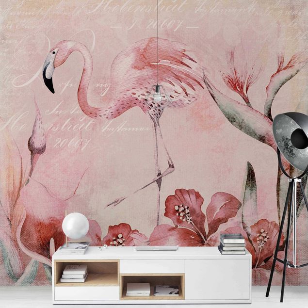 Papel de parede com pássaros Shabby Chic Collage - Flamingo