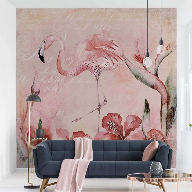 Papel de parede vintage Shabby Chic Collage - Flamingo