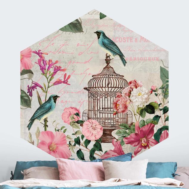 papel parede pássaro Shabby Chic Collage - Pink Flowers And Blue Birds