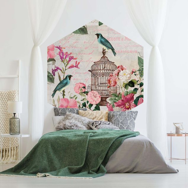 papel de parede para quarto de casal moderno Shabby Chic Collage - Pink Flowers And Blue Birds