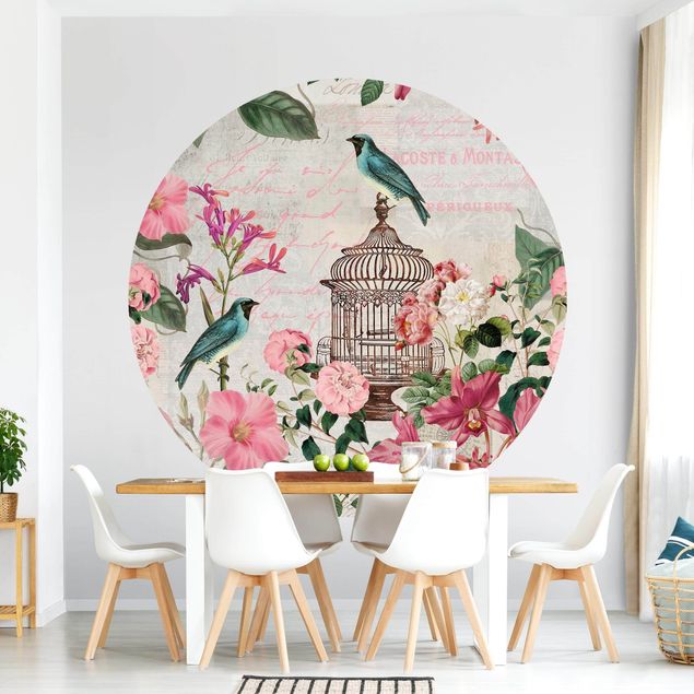Papel de parede com pássaros Shabby Chic Collage - Pink Flowers And Blue Birds