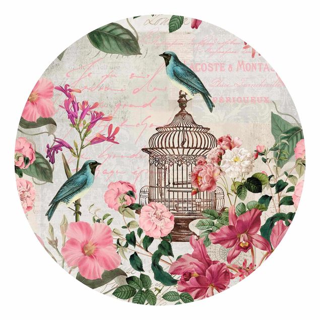 papel de parede moderno Shabby Chic Collage - Pink Flowers And Blue Birds