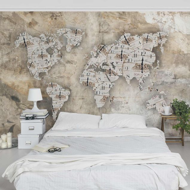 papel de parede imitando pedrinhas Shabby Clocks World Map