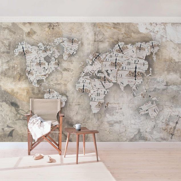 Papel de parede padrões Shabby Clocks World Map