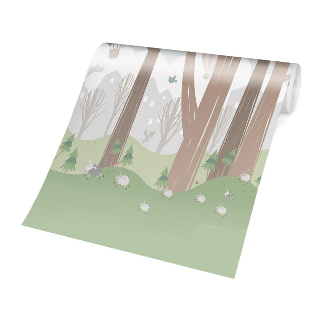 Papel de parede verde Sun With Trees And Hot Air Balloons