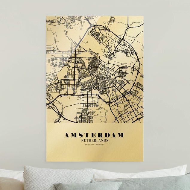 Quadros em vidro cidades e paisagens urbanas Amsterdam City Map - Classic
