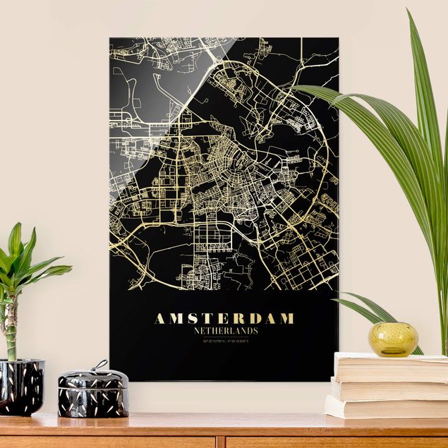 Quadros em vidro em preto e branco Amsterdam City Map - Classic Black