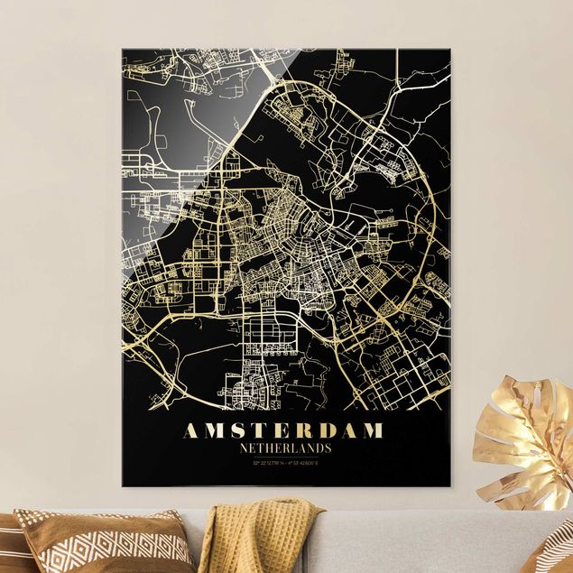 Quadros em vidro em preto e branco Amsterdam City Map - Classic Black