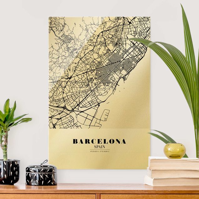 Quadros em vidro em preto e branco Barcelona City Map - Classic