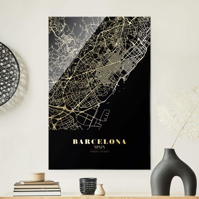 Quadros em vidro em preto e branco Barcelona City Map - Classic Black