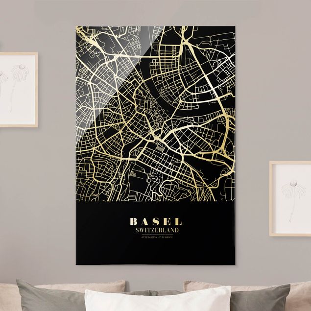 Quadros em vidro em preto e branco Basel City Map - Classic Black