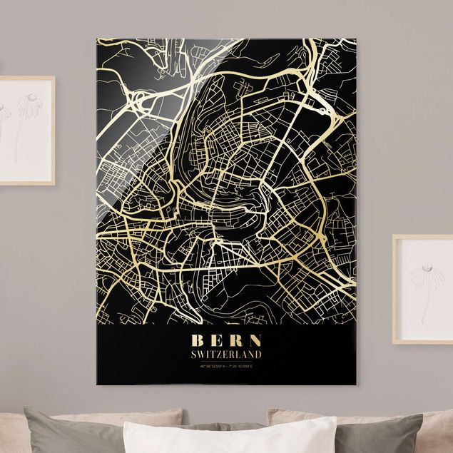 Quadros em vidro em preto e branco Bern City Map - Classic Black