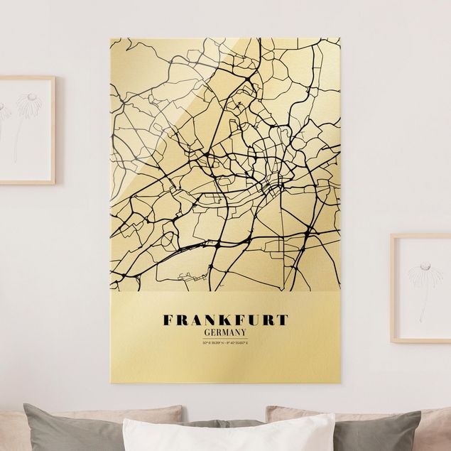 Quadros em vidro em preto e branco Frankfurt City City Map - Classic