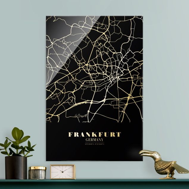 Quadros em vidro em preto e branco Frankfurt City City Map - Classic Black
